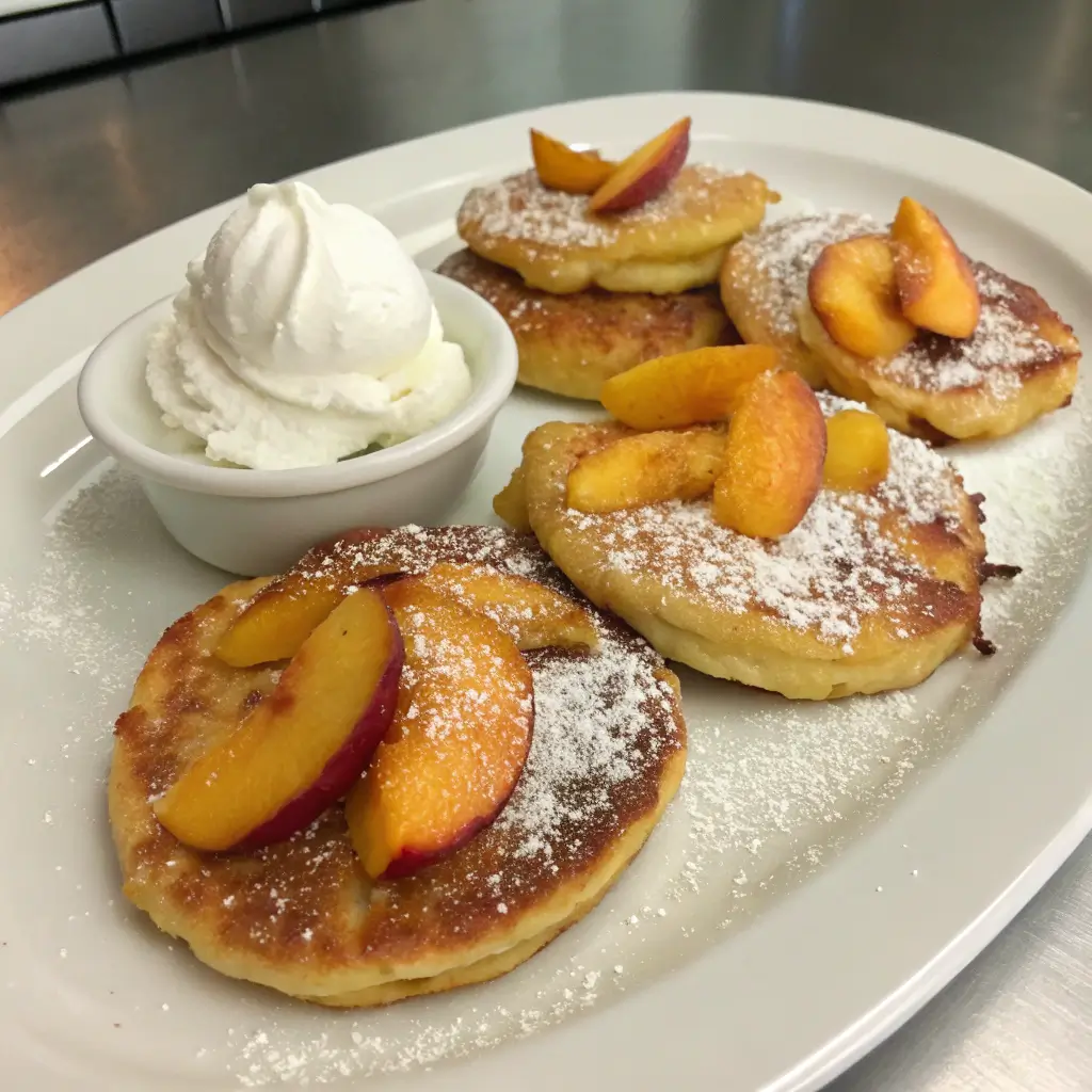 Fresh peach fritters topped with powdered sugar and peach slices, served with a scoop of whipped cream on a white plate.
