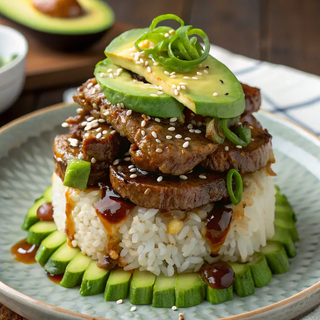 Teriyaki Beef and Avocado Rice Stack: An Irresistible Dinner That’s Easier Than It Looks 2 Teriyaki Beef & Avocado Rice Stack