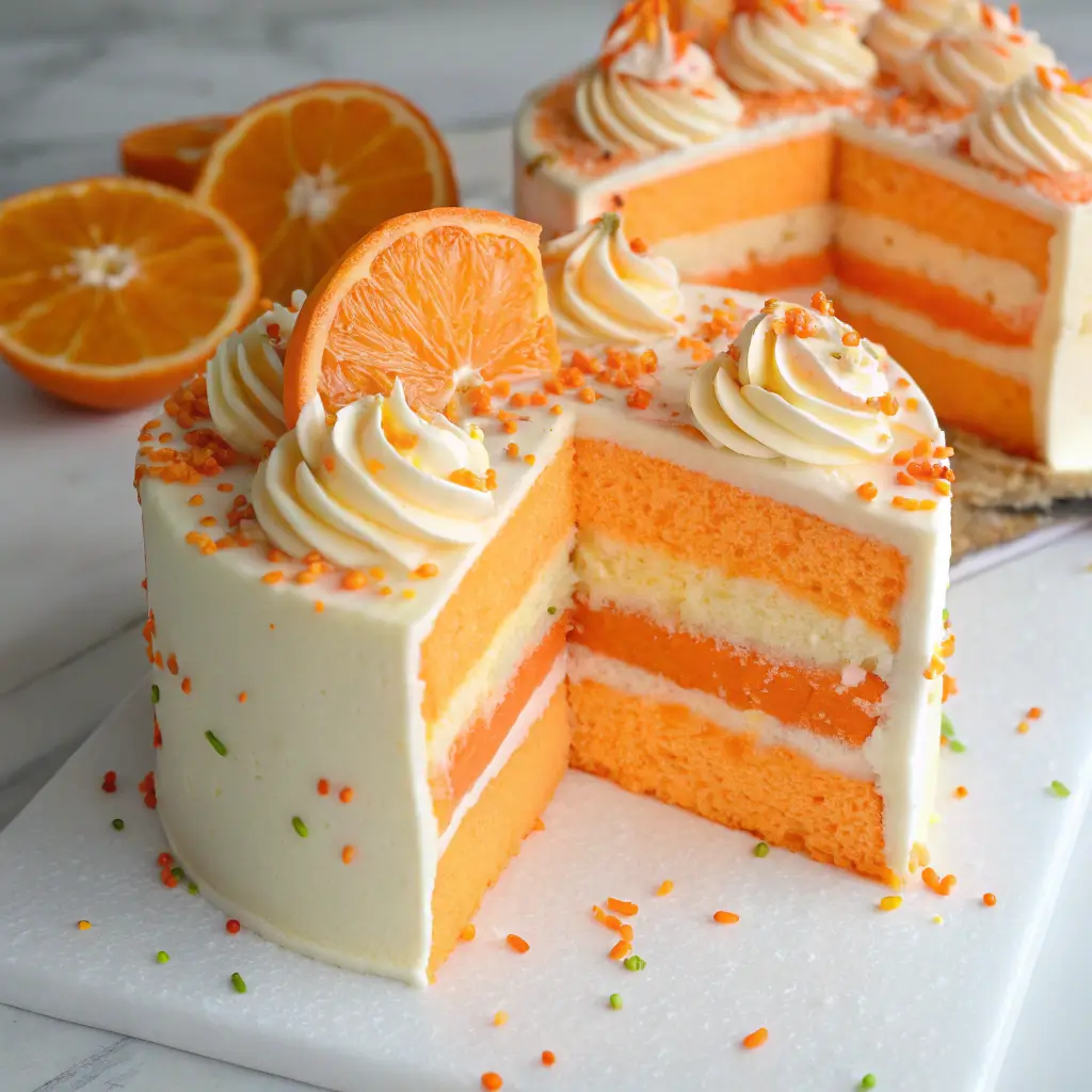 Layered creamsicle cake with orange and vanilla sponge, frosted with white icing, topped with swirls of cream and dried orange slices, surrounded by colorful sprinkles.