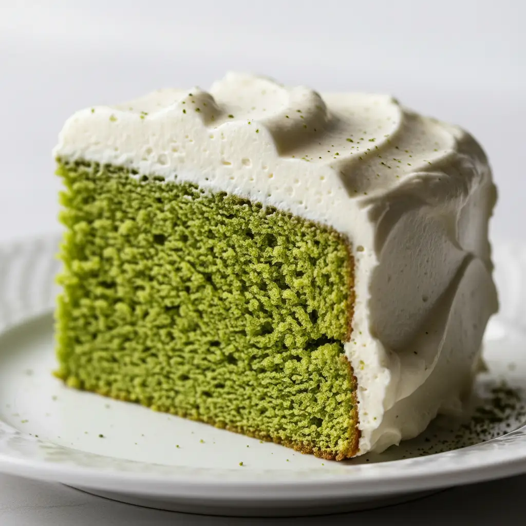 Slice of matcha green tea cake with white frosting on a white plate.