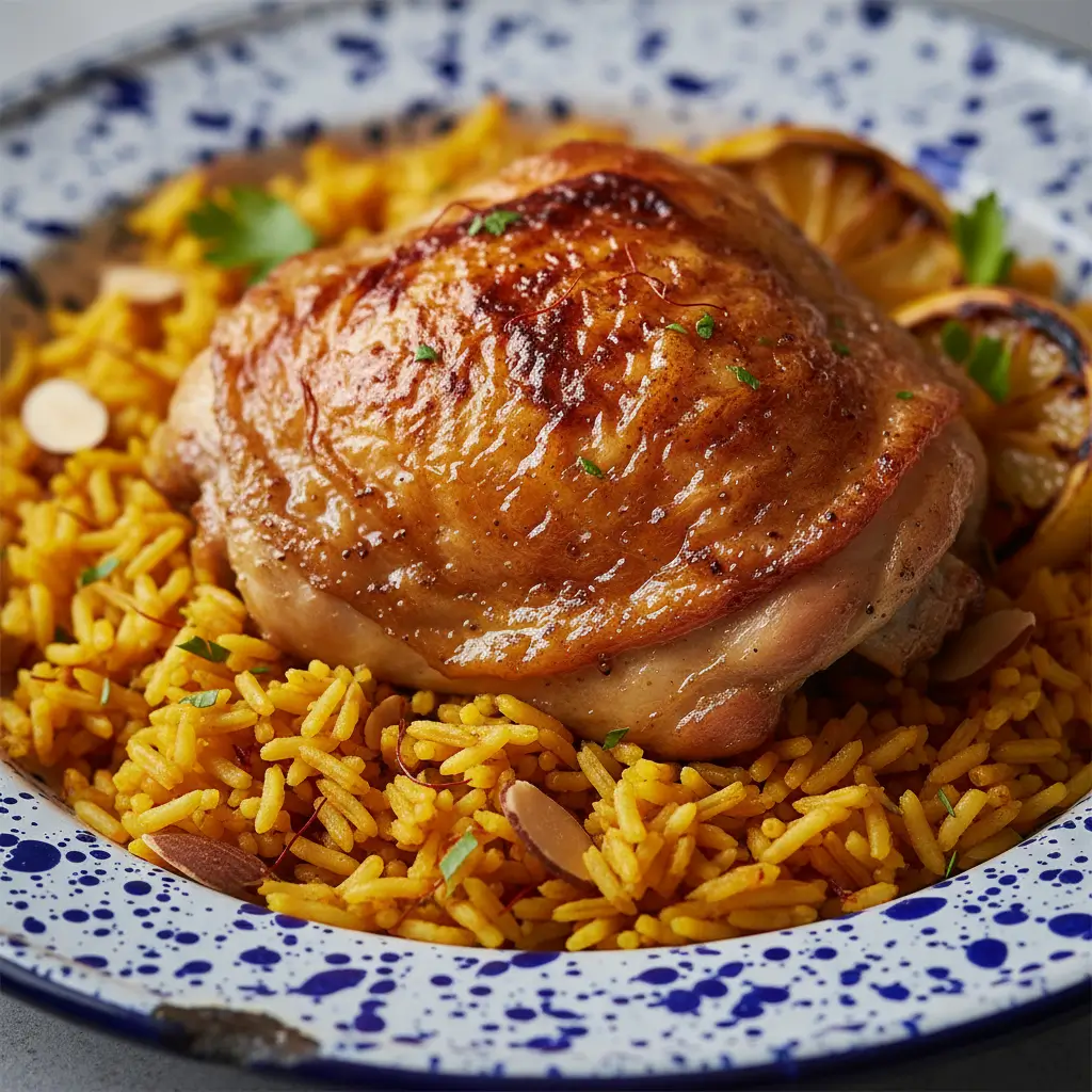 One-Pan Chicken and Rice Bake on blue speckled plate with golden-brown crispy chicken thigh on bed of yellow saffron rice with caramelized onions and fresh herbs